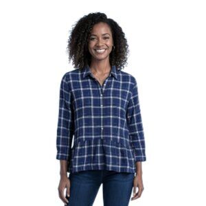 Trovata Birds of Paradise Small Navy Plaid Peplum Long Sleeve Shirt